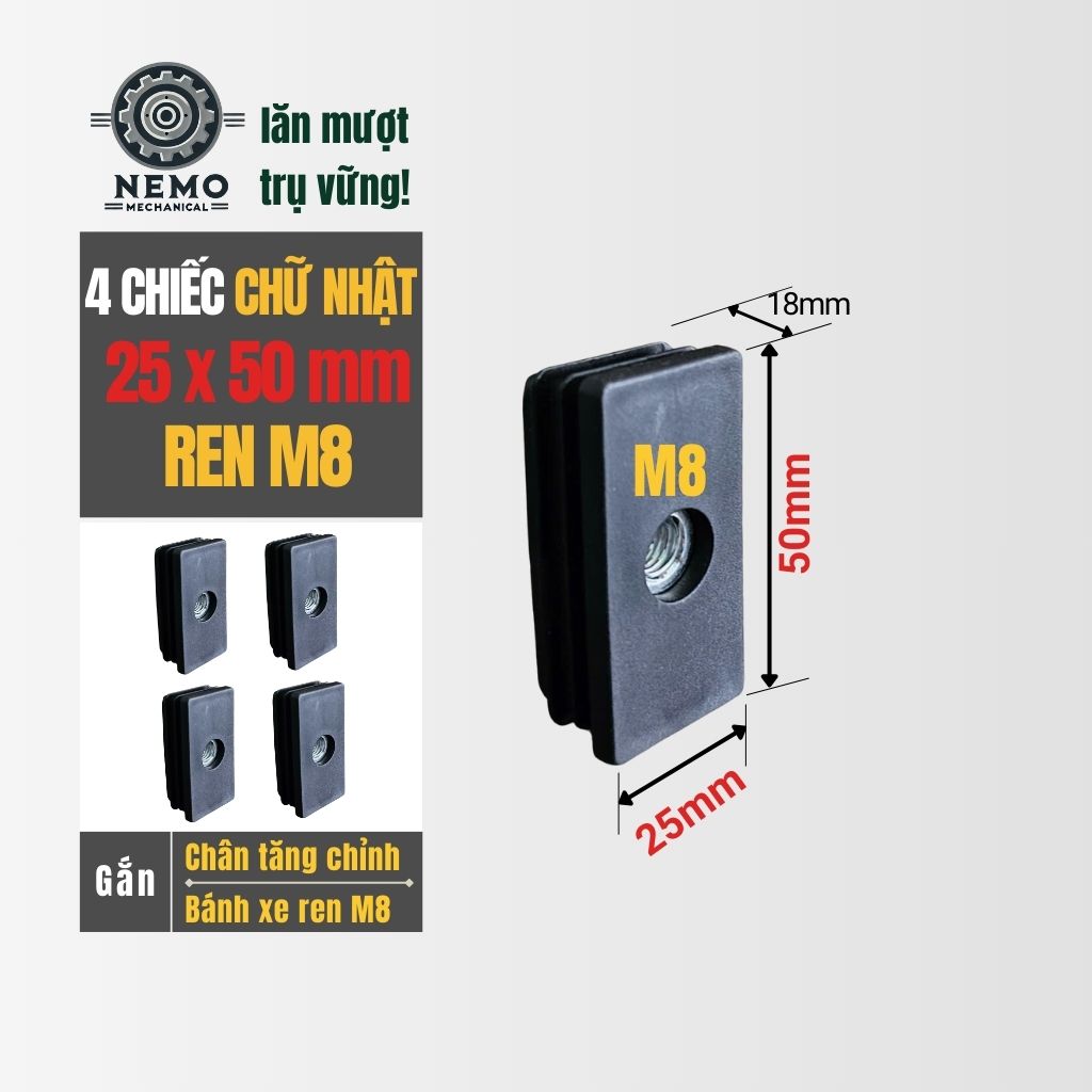 Nắp Chụp Thép Hộp Có Ren – Giải Pháp Lắp Chân Tăng Chỉnh & Bánh Xe Không Cần Hàn (M6, M8, M10)